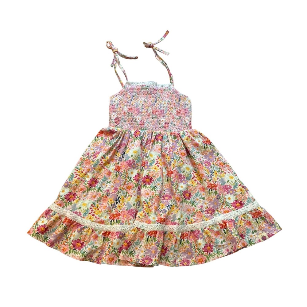 Cheeky Plum Floral Sundress Kids Pink Smocked Lace Ruffle Boho SIZE 5T